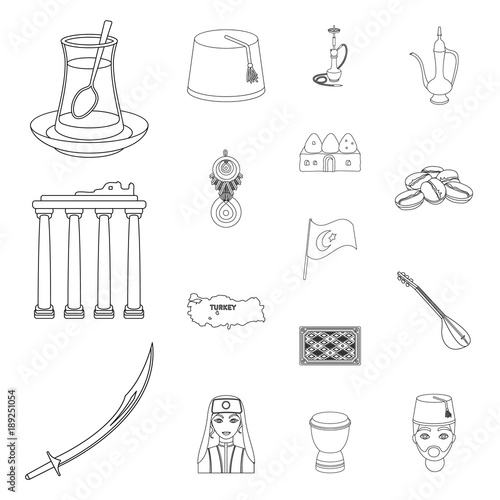 Turkey country outline icons in set collection for design.Travel and attractions vector symbol stock web illustration.