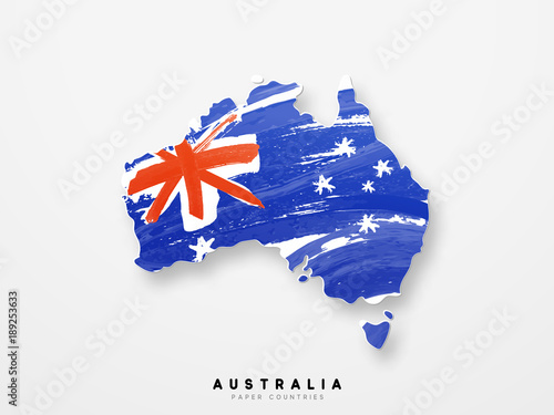 Map with Flag of Australia. Processed with blue watercolor ink.