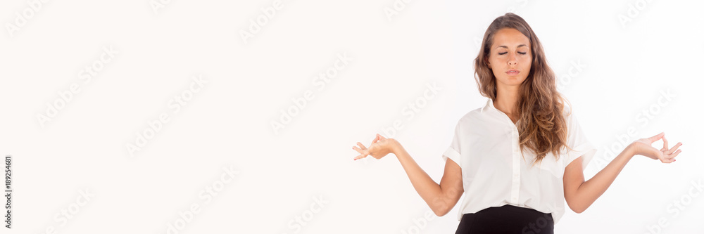 Beautiful business lady meditating; copy space horizontal size photo. Beautiful business lady meditating; copy space horizontal size photo.