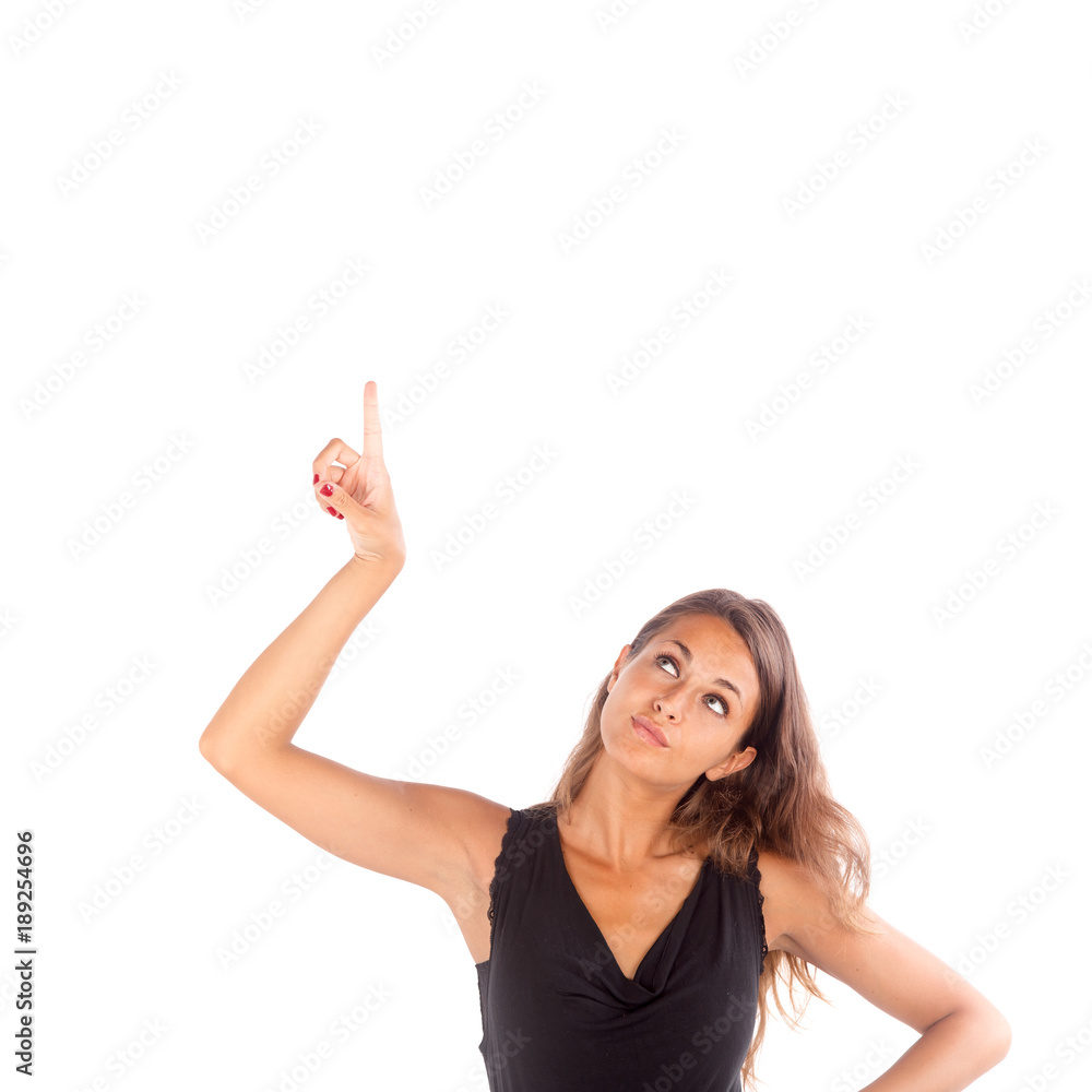 Pretty girl isolated on white, poiting with her hand up. Copy space photo with customizable background. Pretty girl isolated on white, poiting with her hand up. Copy space photo with customizable background.