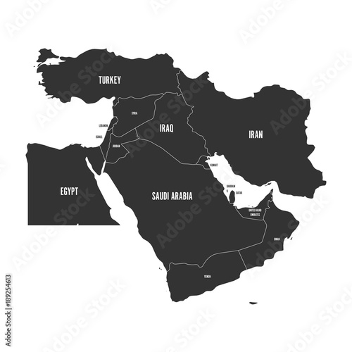 Political map of Middle East, or Near East, in grey. Simple flat vector ilustration.