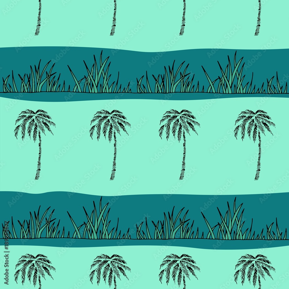 Seamless Pattern with Coconut Palm Trees. Endless Print Silhouette Texture. Ecology. Forest. Hand Drawing. Retro. Vintage Style - vector