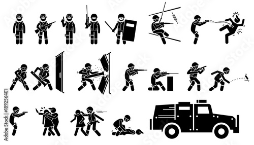 SWAT Special Weapons and Tactics Icons. Stickman pictogram set depicts SWAT police actions, poses with guns and weapons, breaking door, standoff, rescue hostage, fighting criminal, and a SWAT vehicle.