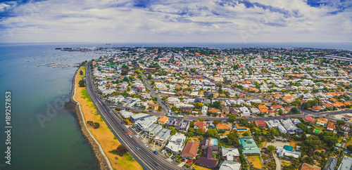 Aerial panorama of Williamstown coastal suburb in Melbourne, Australia