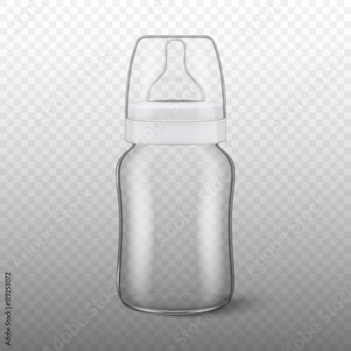 Vector realistic blank baby bottle icon with cap closeup isolated on transparency grid background. Sterile empty milk container design template, mockup for graphics