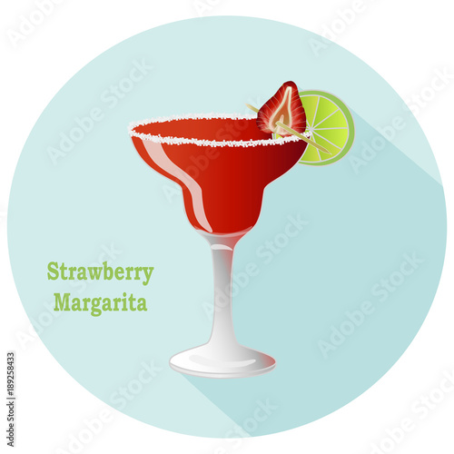 Hand drawn vector of strawberry Margarita alcohol tequila and triple sec cocktail with a citrus lime slice decoration with salt on the rim of glass, in a blue circle with a long shadow and text