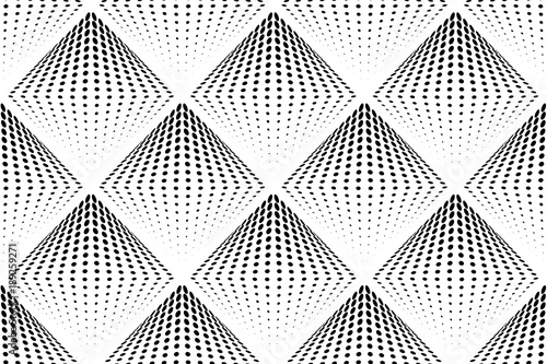 Abstract black and white seamless pattern with three-dimensional halftone rhombus. Dotted geometrical background. Vector illustration.