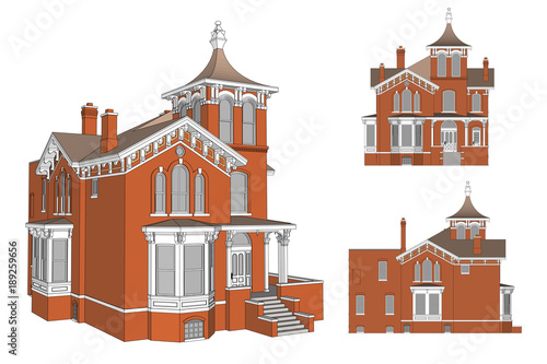 Old house in Victorian style. Illustration on white background. Species from different sides.
