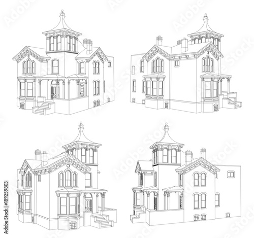Old house in Victorian style. Illustration on white background. Species from different sides.