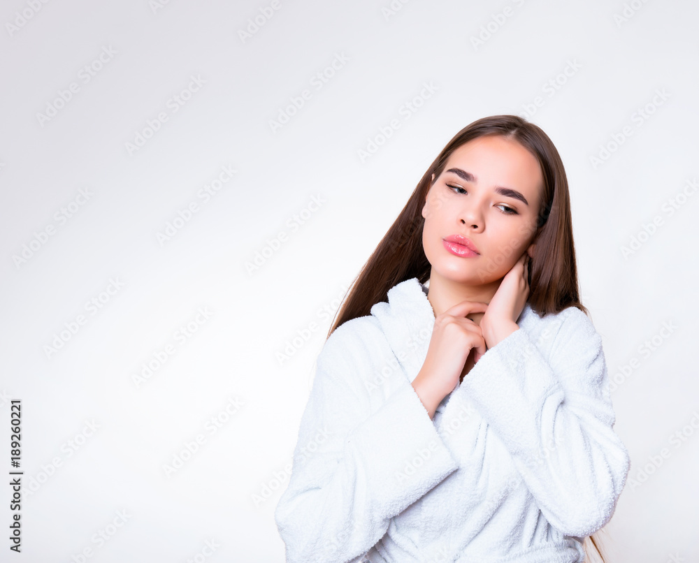 beautiful young woman with long hair wearing bath robe beautiful young woman with long hair wearing bath robe