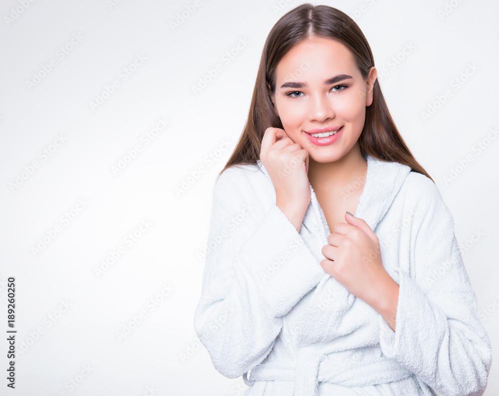 beautiful young woman with long hair wearing bath robe beautiful young woman with long hair wearing bath robe