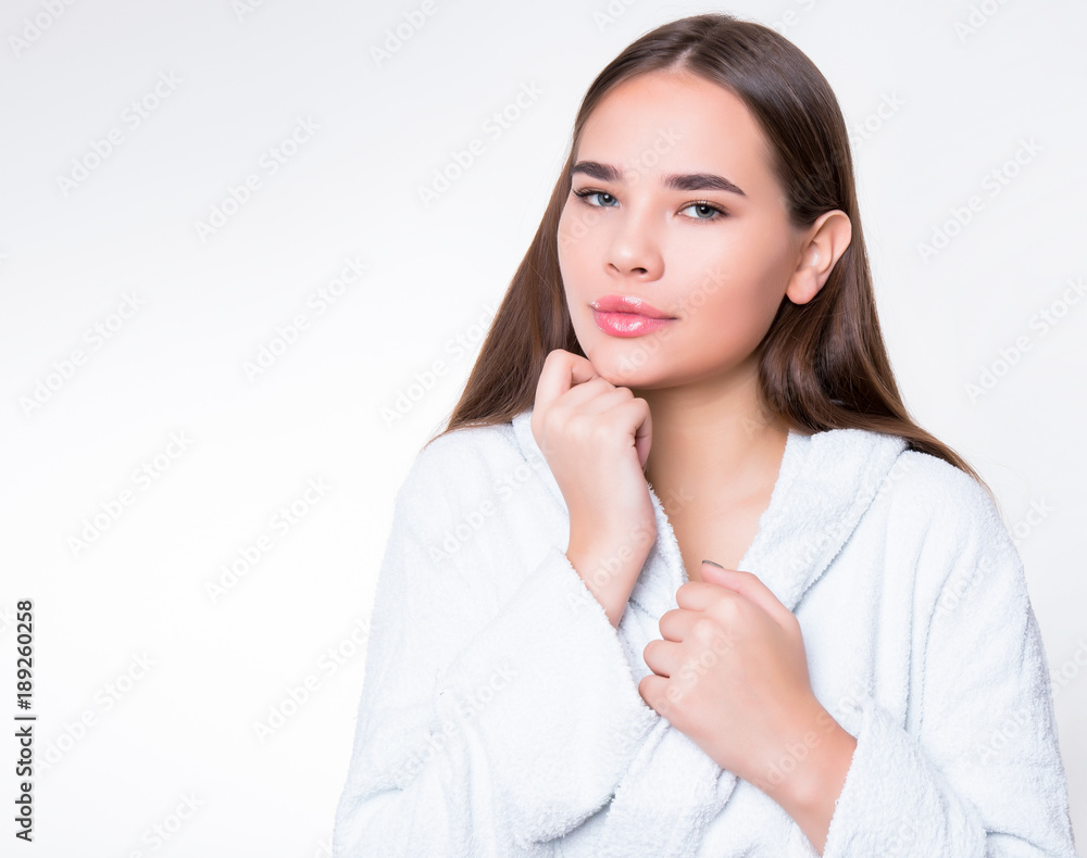 beautiful young woman with long hair wearing bath robe beautiful young woman with long hair wearing bath robe