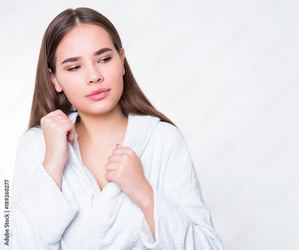 beautiful young woman with long hair wearing bath robe beautiful young woman with long hair wearing bath robe
