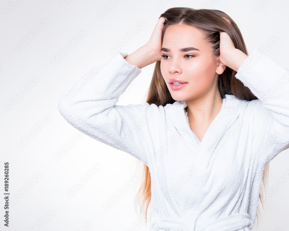 beautiful young woman with long hair wearing bath robe beautiful young woman with long hair wearing bath robe
