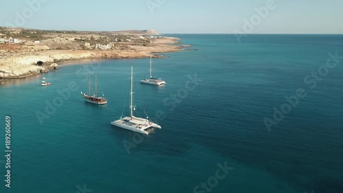 Small boat on the sea, aerial view, in Cyprus