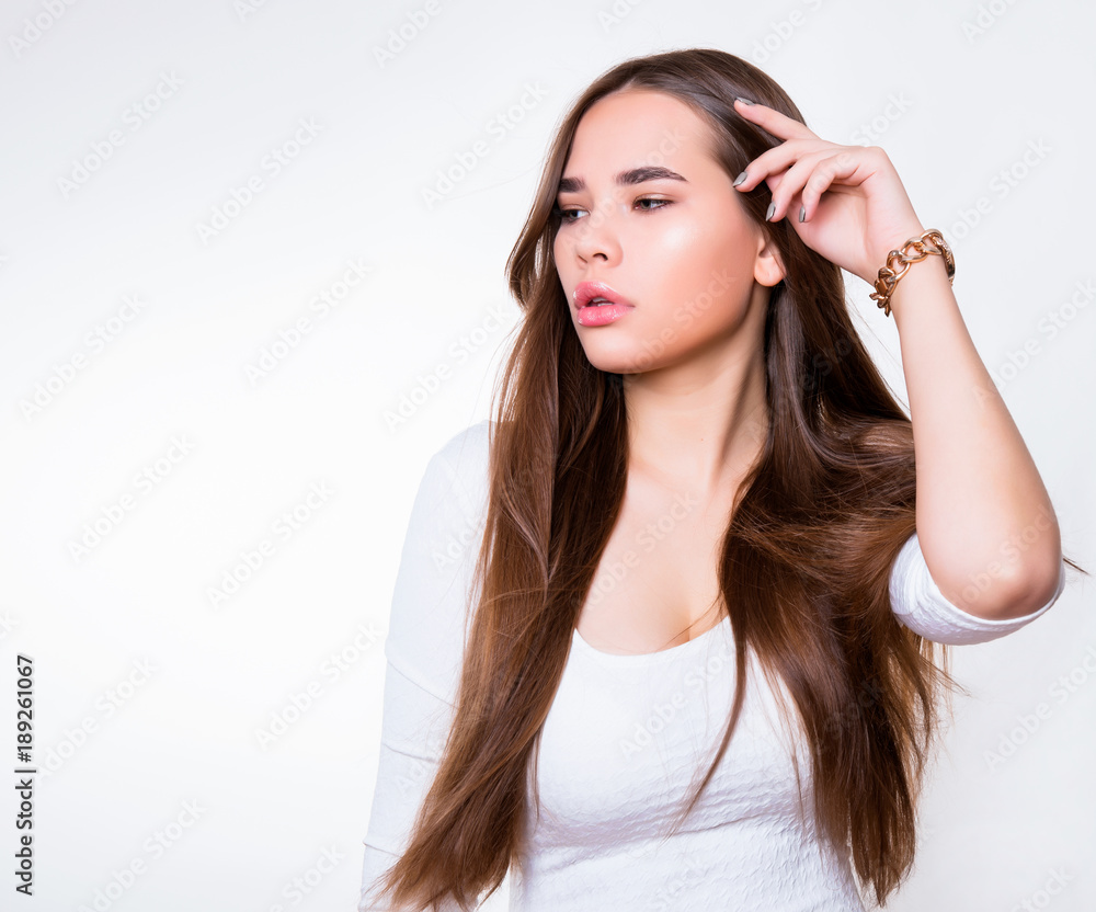beautiful young woman with long hair wearing wrist watch beautiful young woman with long hair wearing wrist watch
