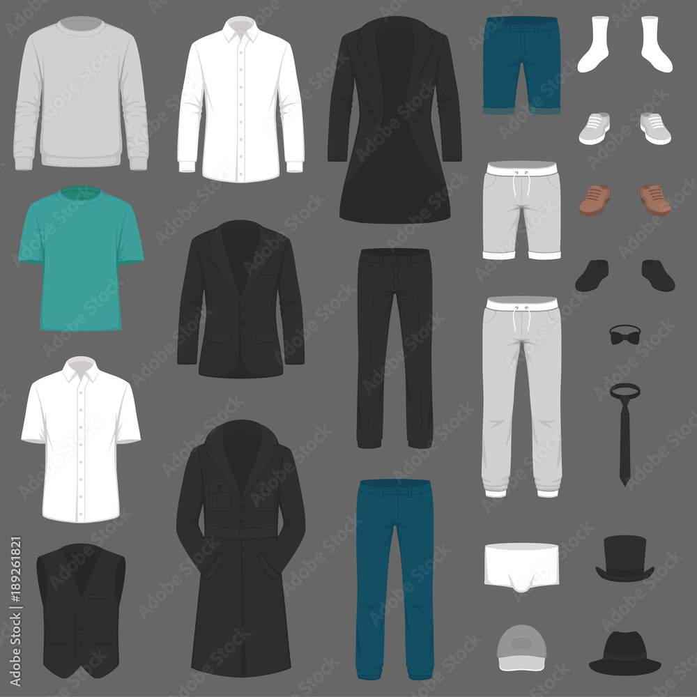 Set of man fashion. Clothes isolated on white. Vector clothing design. pants, suit, shirt and jacket Set of man fashion. Clothes isolated on white. Vector clothing design. pants, suit, shirt and jacket