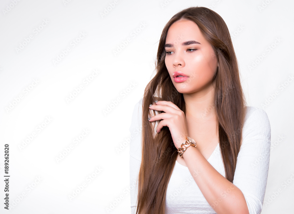 beautiful young woman with long hair wearing wrist watch beautiful young woman with long hair wearing wrist watch