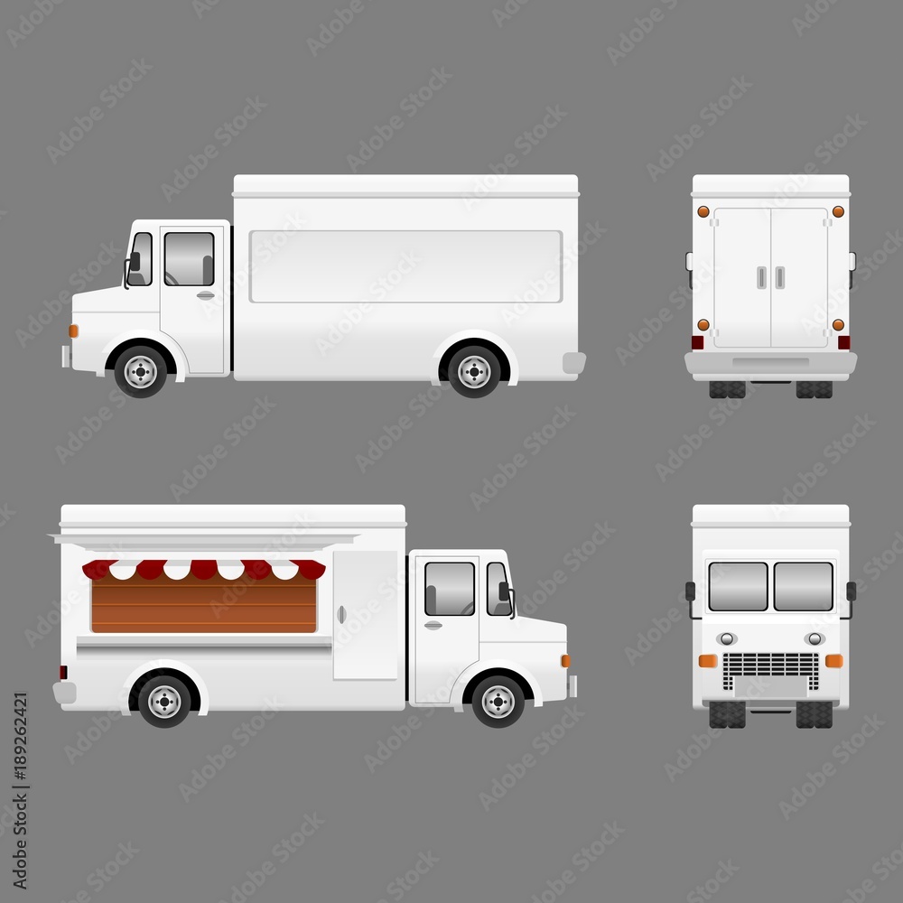 Blank Food Truck Vector Illustration in Different Views for Branding Mock-up and Artwork Element of Transportation Vehicle or Food and Beverage Business Related Design Blank Food Truck Vector Illustration in Different Views for Branding Mock-up and Artwork Element of Transportation Vehicle or Food and Beverage Business Related Design