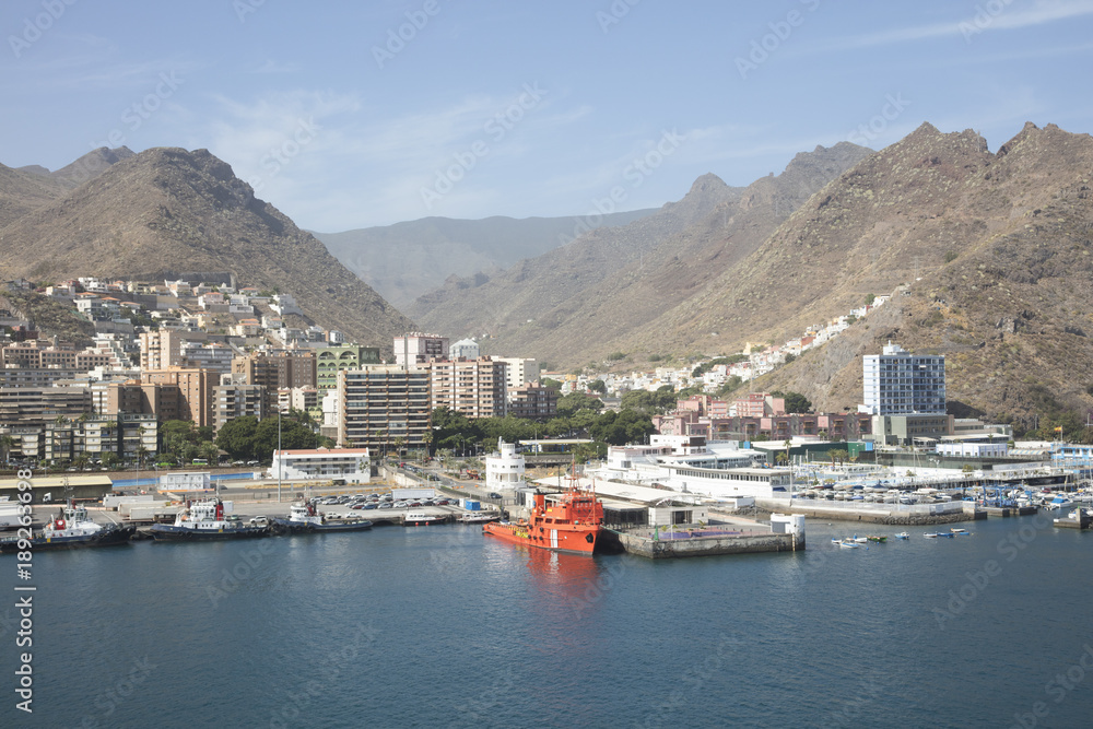 The volcanic mountains above Santa Cruz de Tenerife harbour in the Canary islands