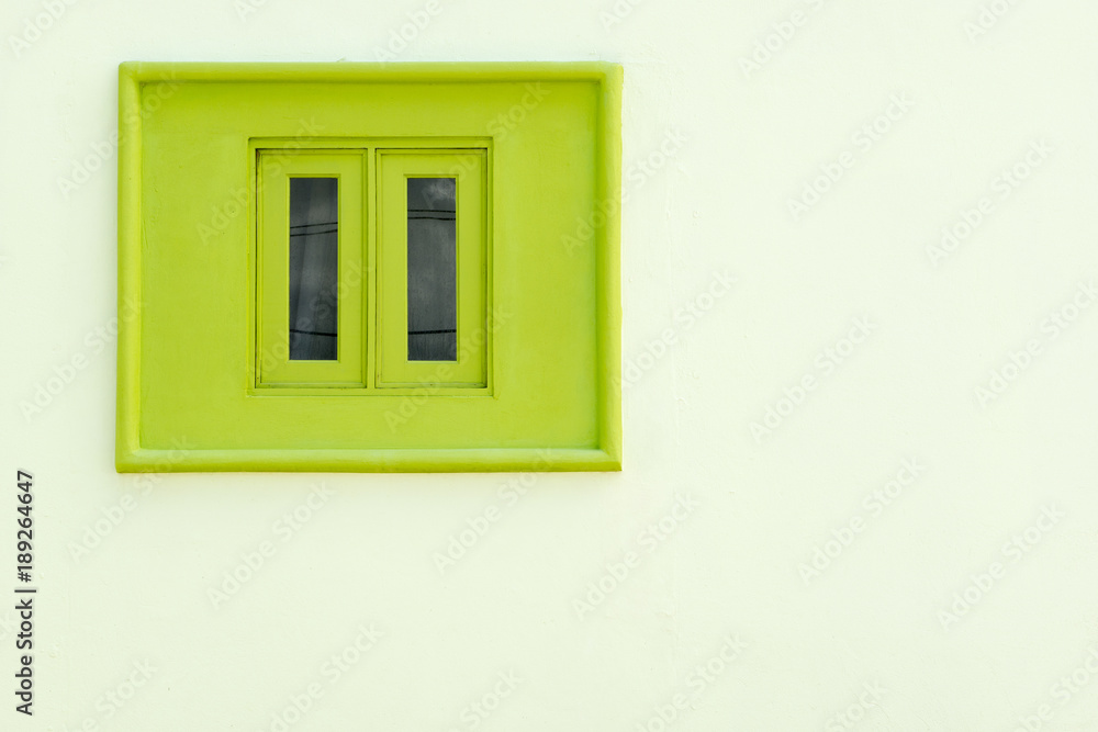 Painted Green Window on White Wall Copy Space Painted Green Window on White Wall Copy Space