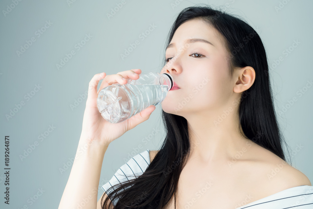 Portrait of woman skin beauty and health, Drinking water from a clean bottle. The skin is smooth and beautiful. concept of healthy women, on white background. Portrait of woman skin beauty and health, Drinking water from a clean bottle. The skin is smooth and beautiful. concept of healthy women, on white background.
