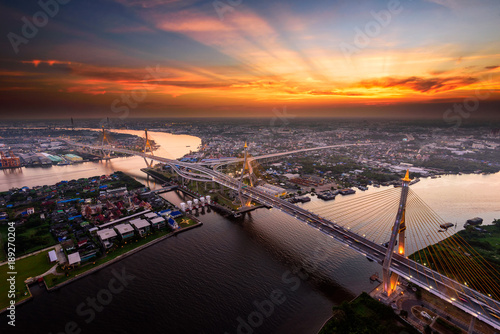 Bangkok City - Beautiful sunset view of Bhumibol Bridge,Thailand