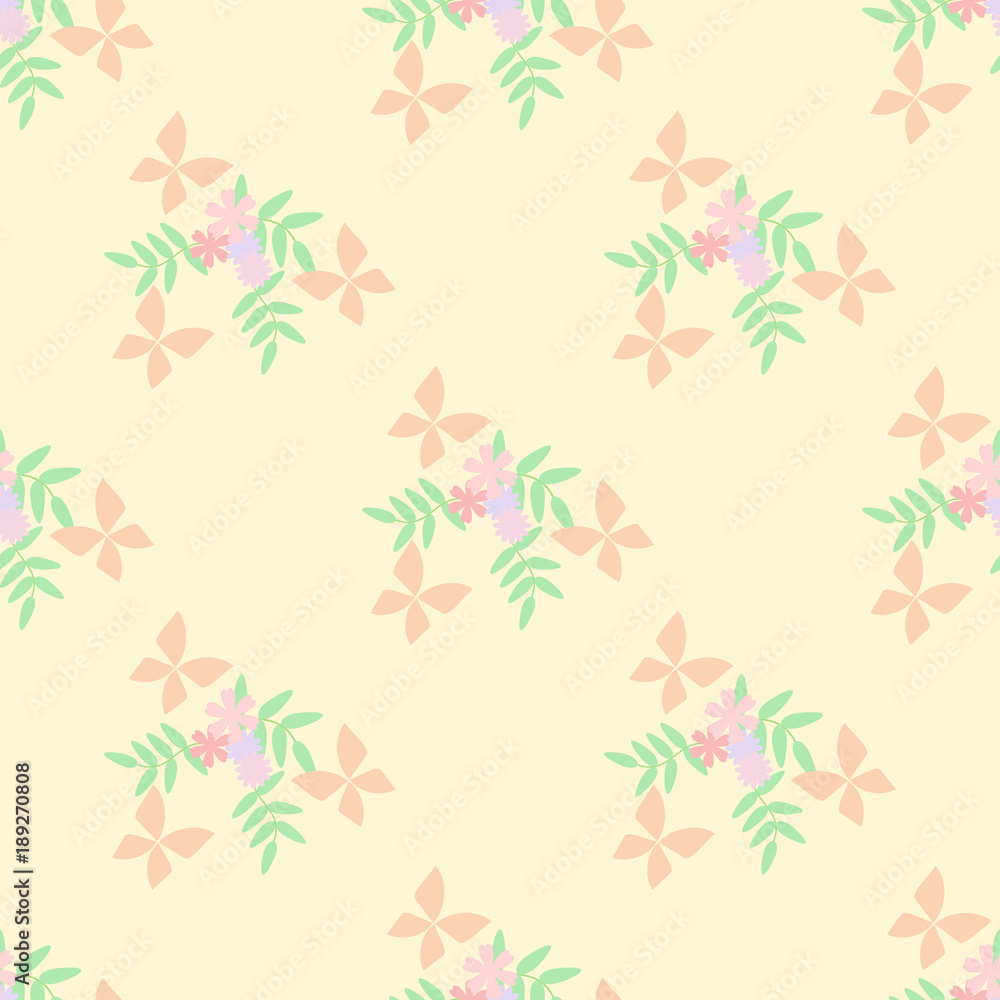 Seamless pattern vector of butterfly beautiful tiny flower bouquet. Lovely and sweet flower bouquet on yellow pastel background. Seamless pattern vector of butterfly beautiful tiny flower bouquet. Lovely and sweet flower bouquet on yellow pastel background.