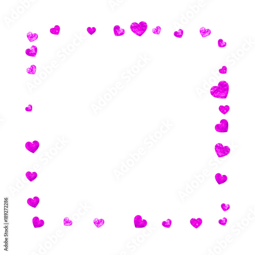 Valentines day border with pink glitter hearts. February 14th day. Vector confetti for valentines day border template. Grunge hand drawn texture. Love theme for flyer, special business offer, promo.
