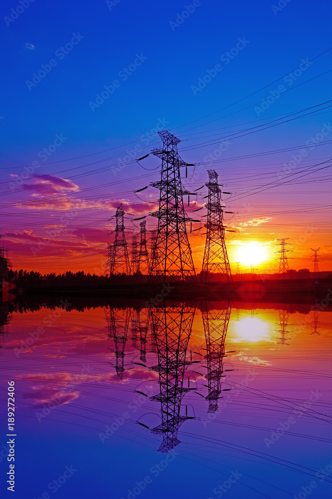 Wire electrical energy at sunset