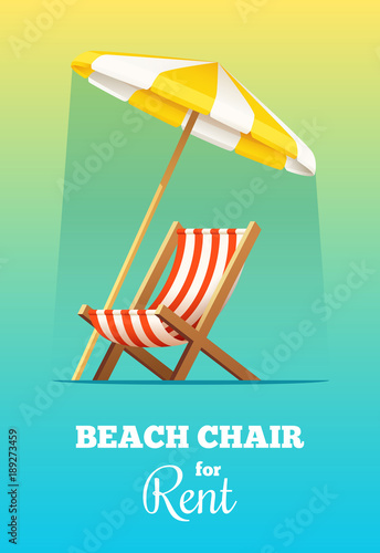 Beach chair or chaise-longue and umbrella for rent. Vector summer illustration