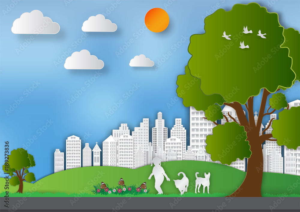 Paper art style of Landscape with girl and dogs in city parks to save the world  and ecology idea,  Abstract vector background