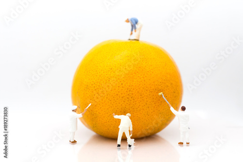 Miniature people: Workers are painting color on orange peels. Image use for creativity, business concept.
