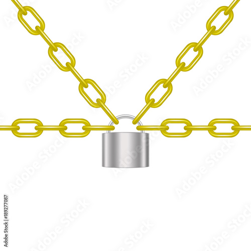 Golden chains locked by padlock in silver design