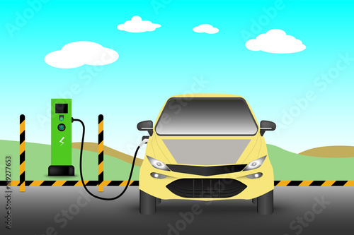 Electric car and charging station point., Technology EV, Automobile concept