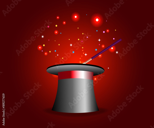 Magic hat and wand with sparkles  on red background.