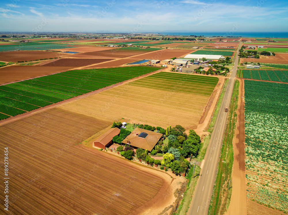 Aerial view of rural house and agricultural fields - plowed and with crops on bright summer day in Australia