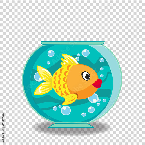 Cute cartoon goldfish in fishbowl isolated on transparent