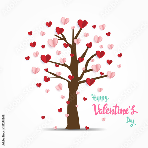 Happy valentine day. with creative red and pink love balloon on tree. minimal concept. Vector Illustration