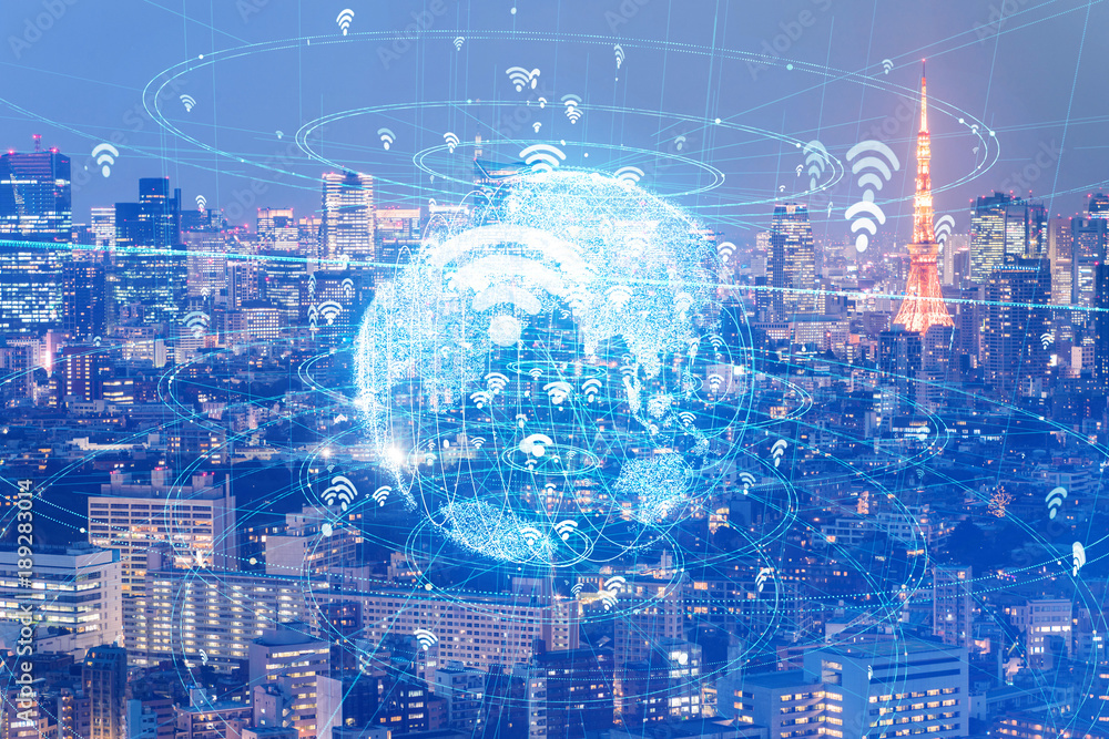 Fototapeta premium Wireless communication network concept. IoT(Internet of Things). ICT(Information Communication Technology).