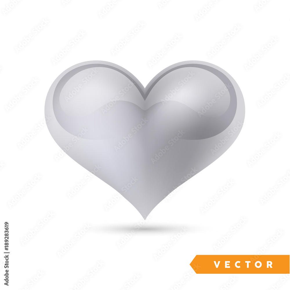 Realistic silver heart. Isolated on white. Valentines day greeting card background. 3D icon. Romantic vector illustration. Easy to edit design template for your artworks.