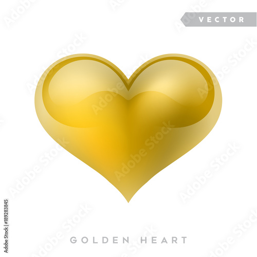 Valentines day holiday decoration. Golden realistic heart. 3d vector illustration of metallic heart shape. Festive sign