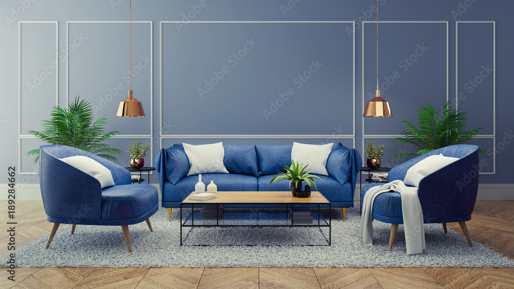 Luxury modern interior of living room ,Blue room decor concept ,Blue sofa  and black table with gold lamp on light blue wall and woodfloor ,3d render  ilustración de Stock | Adobe Stock