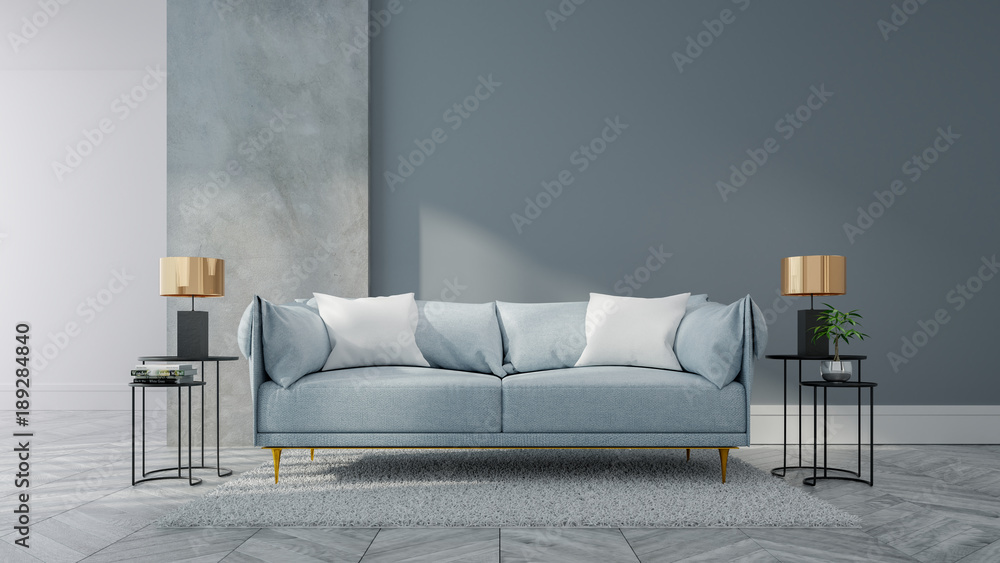 Loft and vintage interior of living room, Blue sofa on white flooring and blue wall  ,3d rendering - obrazy, fototapety, plakaty 