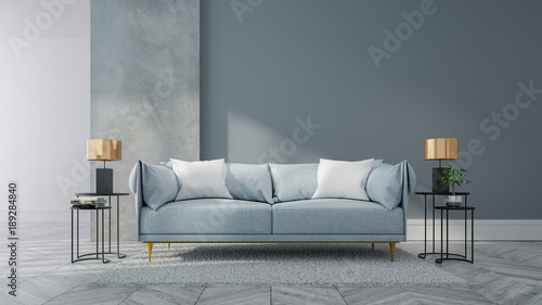 Loft and vintage interior of living room, Blue sofa on white flooring and blue wall  ,3d rendering photo