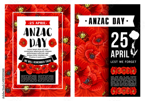 Anzac Day poster with poppy flower, black ribbon