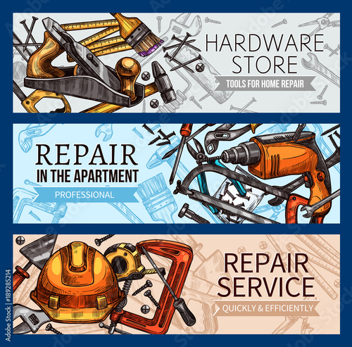 Vector work tools home repair sketch banners