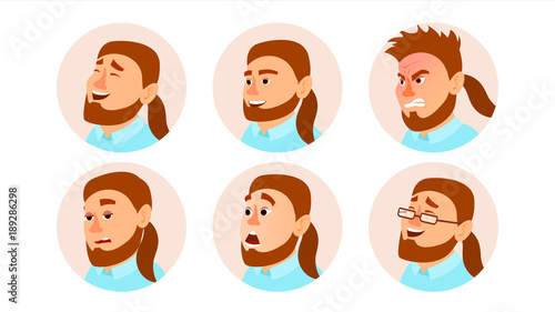 Character Business People Avatar Vector. Fat Bearded Man Face, Emotions Set. Creative Avatar Placeholder. Cartoon, Comic Art Illustration