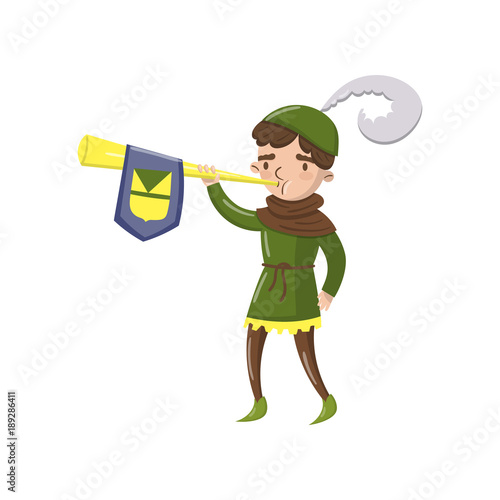 Royal herald with trumpet, fairytale or medieval character cartoon vector Illustration