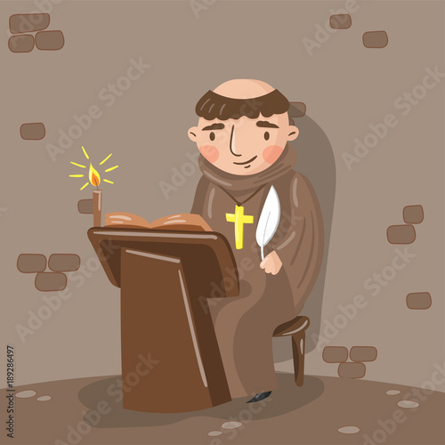 Medieval monk scribe character writing a chronicle of contemporary events in monastic cell vector illustration